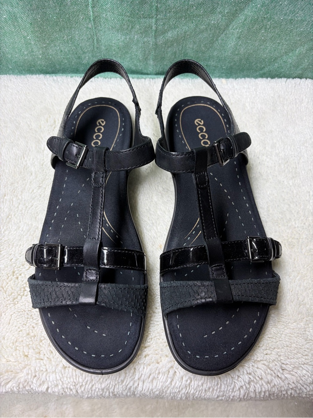 Ecco Black Leather T-Strap Slingback Sandals